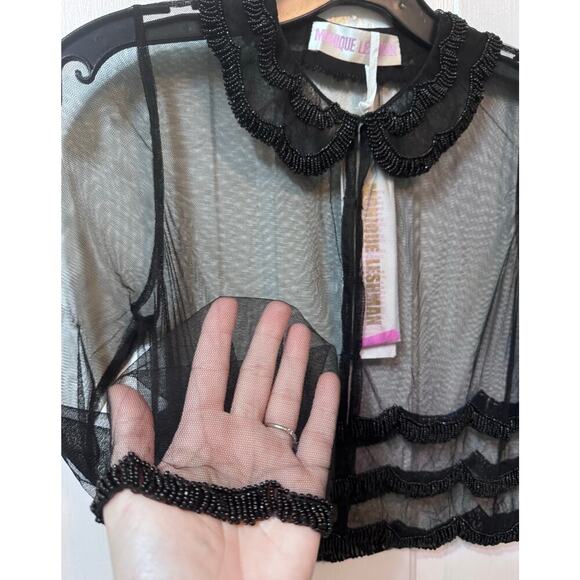 NWT Monique Leshman Black Sheer Scallop Beaded Crop Blouse Top Size S - Picture 3 of 7